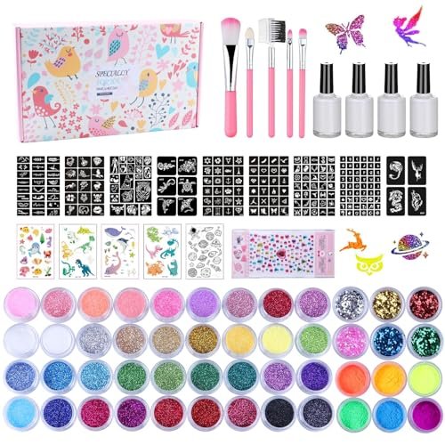 Temporary Glitter Tattoo Kit For Kids & Adults, Lcdgtj 42 Glitter & 6 Fluores...