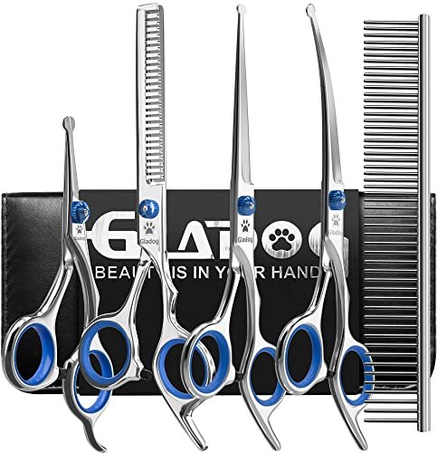 Dog Grooming Scissors Kit With Safety Round Tips, Gladog Professional 6 In 1 ...