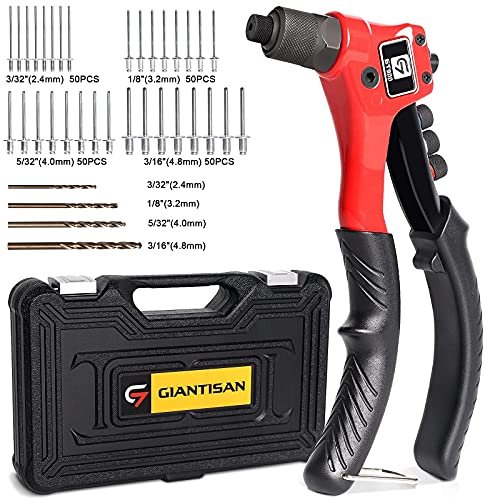 Rivet Gun, Giantisan Pop Rivet Tool Kit With 200 Rivets And 4 Drill Bits, Man...