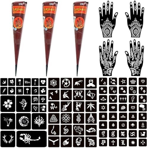 Moricher Temporary Tattoo Kits 3 Henna Tattoo Cones 101 Stencils Semi Permane...