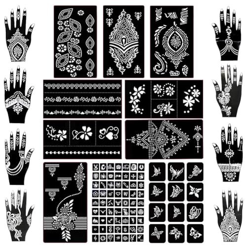 Koogel 18 Sheets 97pcs Henna Tattoo Stencil Kit, Reusable Mehndi Templates Fo...