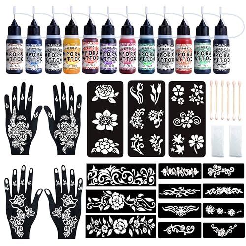 Temporary Tattoo Kit 12 Bottles 11 Colors Temporary Tattoo Ink 18 Tattoo Sten...
