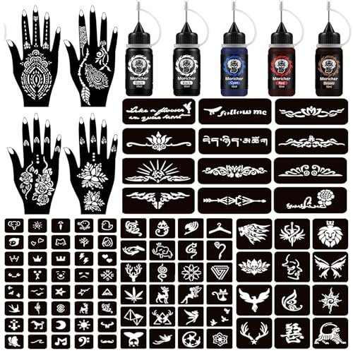 Moricher Henna Tattoo Kit Temporary Tattoo Kits 5 Cones 96 Stencils Gifts For...
