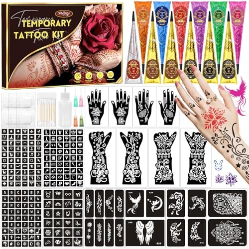 Inkforge 217 Pcs Temporary Tattoo Stencil Kit With 12 Tattoo Cones In 9 Color...