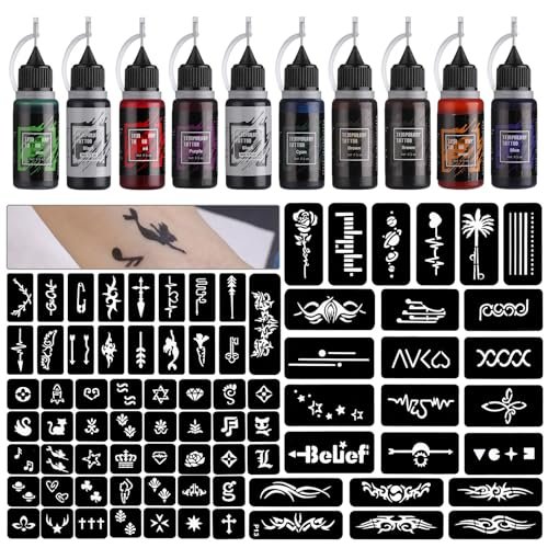 Stigma Temporary Tattoo Kit 10 Bottles Color Inks, 84 Pcs Stencils Kit For Bo...
