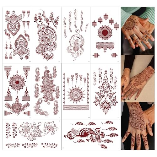 10 Sheets Brown Henna Tattoo Kit, Lace Fake Tattoos Semi Permanent Tattoo Sti...