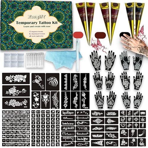 Temporary Tattoo Stencils Kit With 20 Sheets (191 Designs), 6 Tattoo Ink Cone...