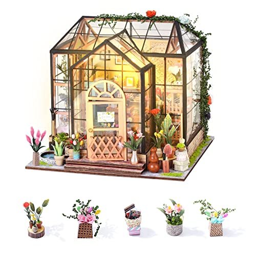 Insgen Diy Miniature Dollhouse Greenhouse Building Room Kit, Wooden Diorama B...