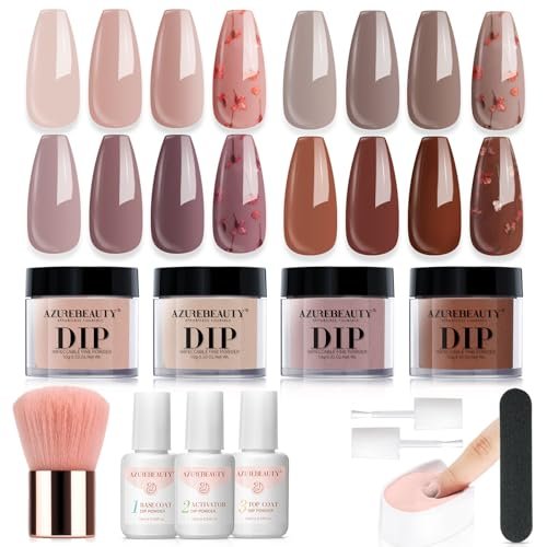 Azurebeauty Dip Powder Nail Kit, 4 Colors Nude Dark Brown With Dried Flower S...