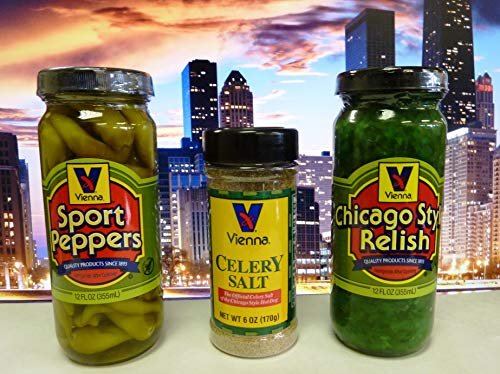 Vienna Beef Original Chicago-style Hot Dog Trio, Relish, Sport Peppers, Celer...